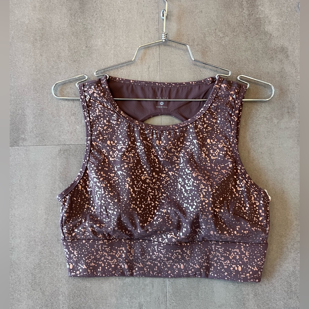 New Tavi Quartz Glimmer Crop Top with built in bra cups and open back. Sz Medium